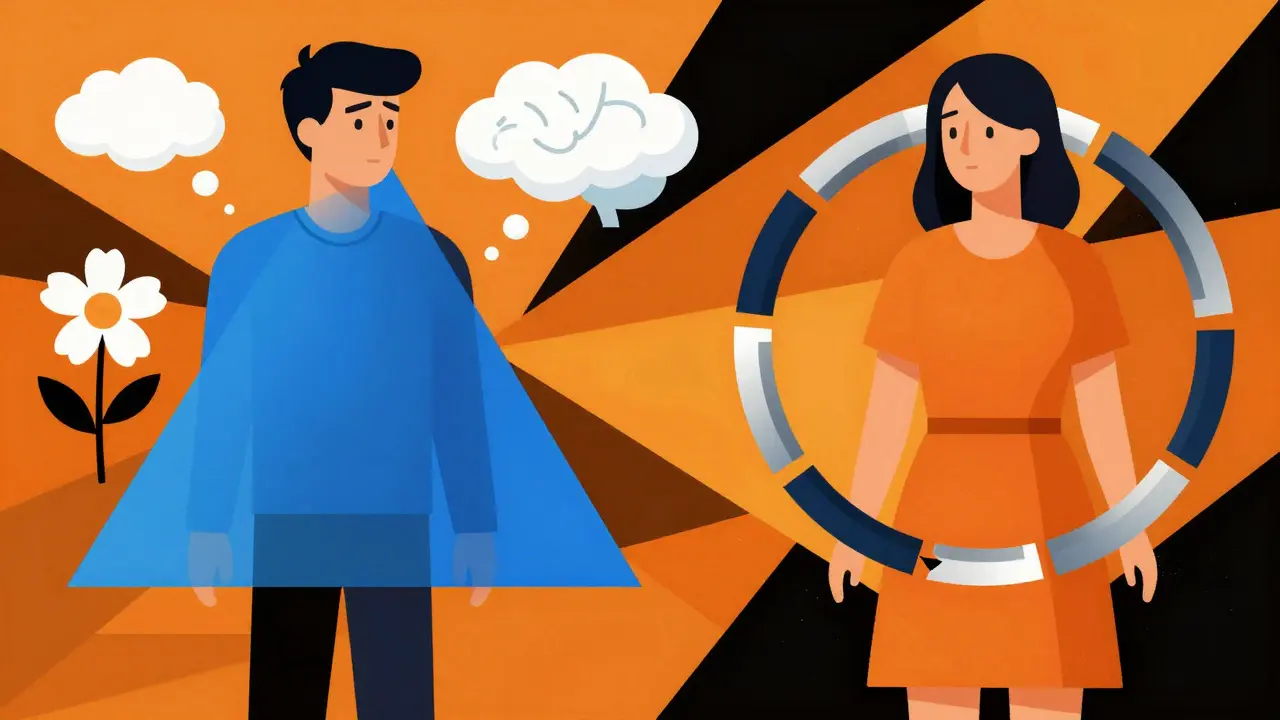 Split illustration showing male fatigue and female cycle disruption using abstract geometric shapes.