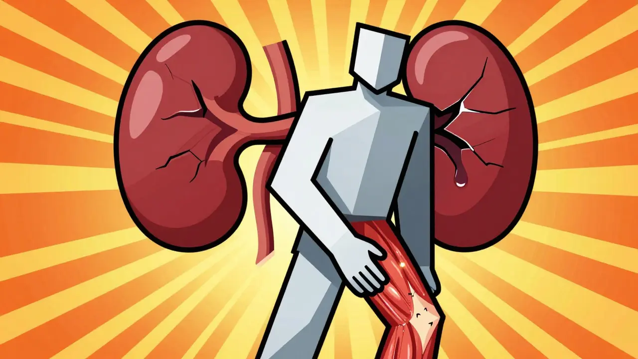 Stylized figure with muscle pain and kidney damage from drug interaction