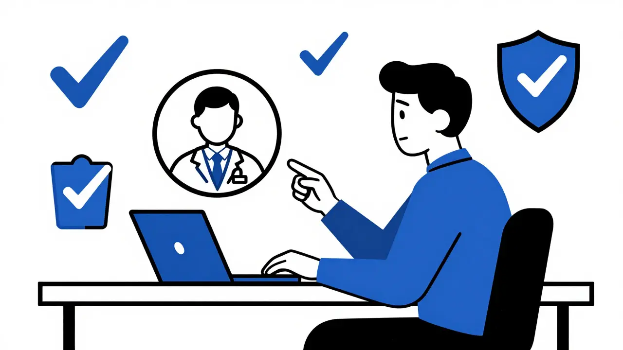 Stylized man having online medical consultation with abstract doctor figure