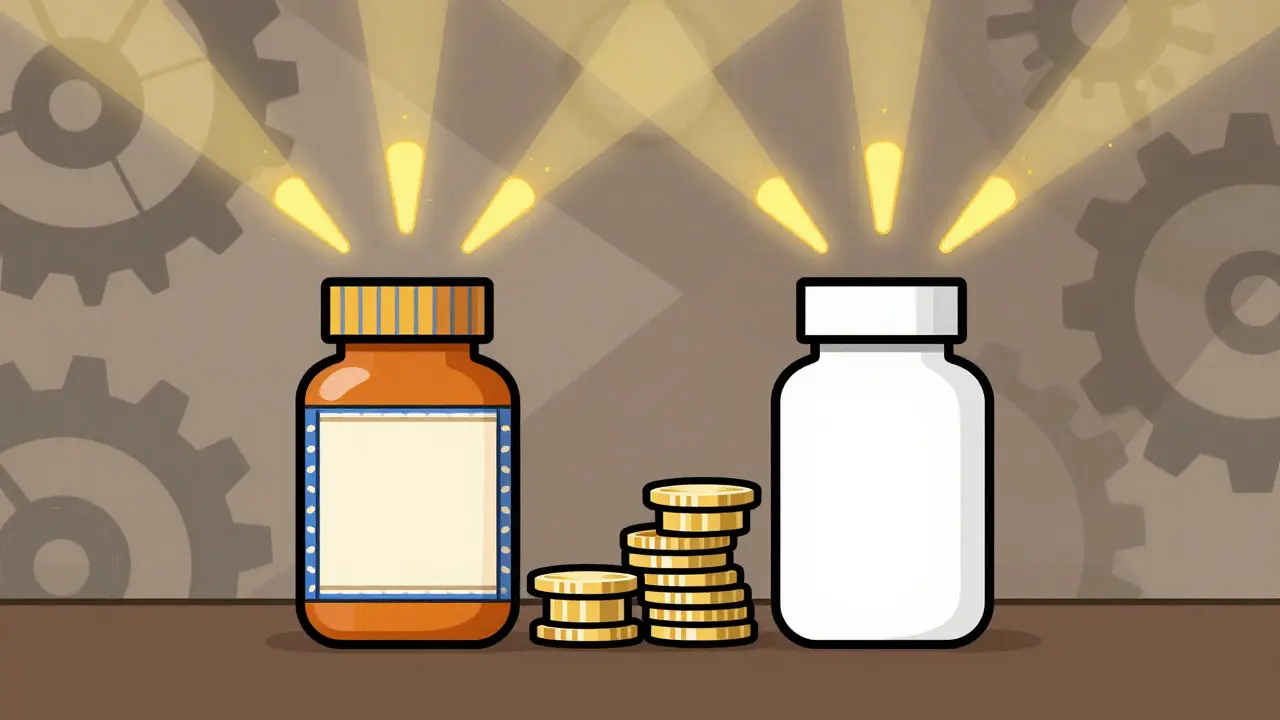 Two pill bottles with coins, illustrating generic vs brand cost savings.
