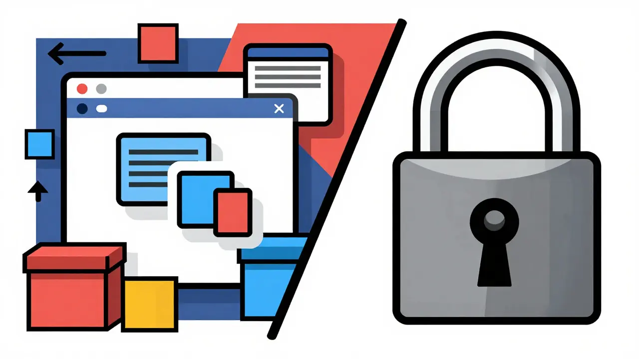Abstract illustration contrasting digital shopping icons with a secure lock mechanism