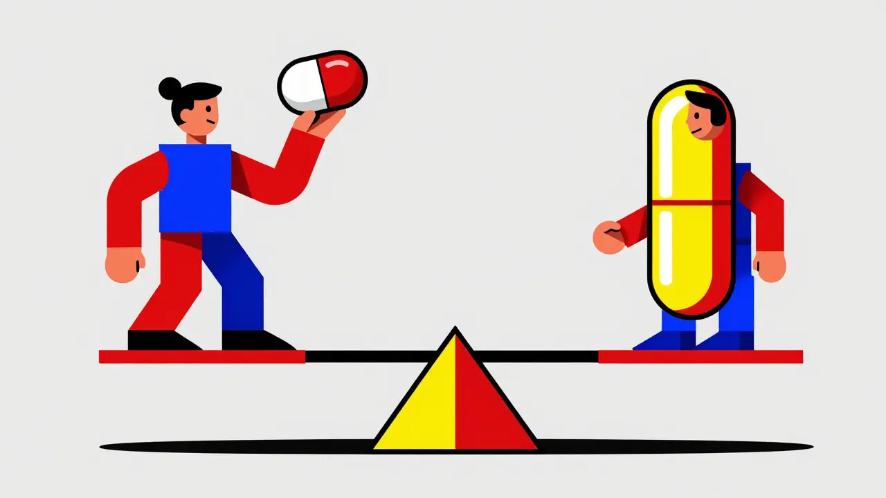 Abstract scale balancing generic and brand-name pills