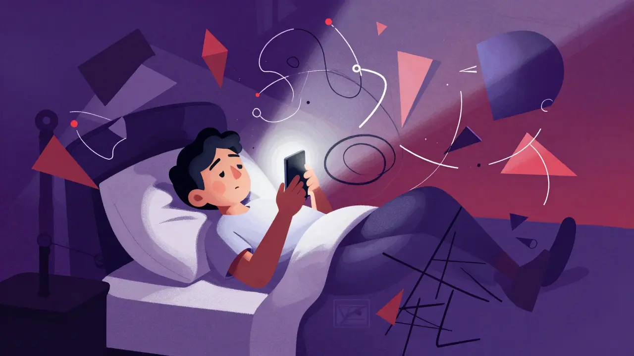 Anxious figure in bed surrounded by chaotic geometric shapes representing sleep stress