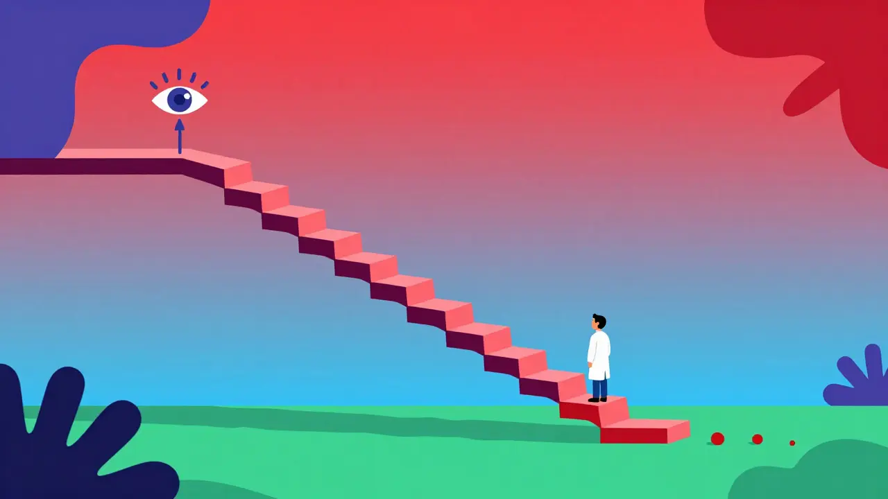 Constructivist design of a gentle downward path monitored by an eye, symbolizing safe opioid tapering.