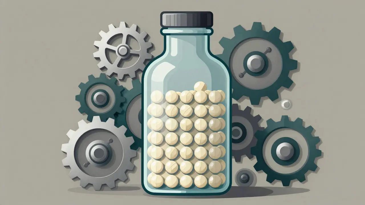 Geometric arrangement of pills in a bottle surrounded by rotating mechanical gears