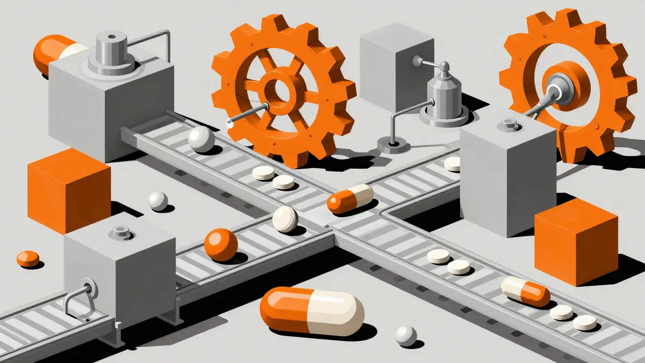 Geometric illustration of pharmaceutical supply chain gears