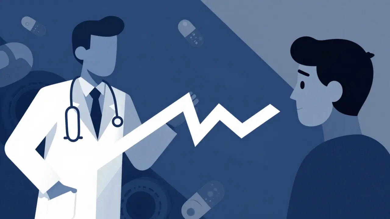 Geometric illustration of telehealth connection between doctor and patient via digital script.