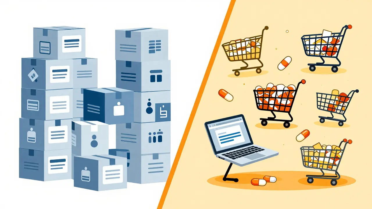 Graphic split showing organized mail-order boxes versus chaotic online shopping carts.