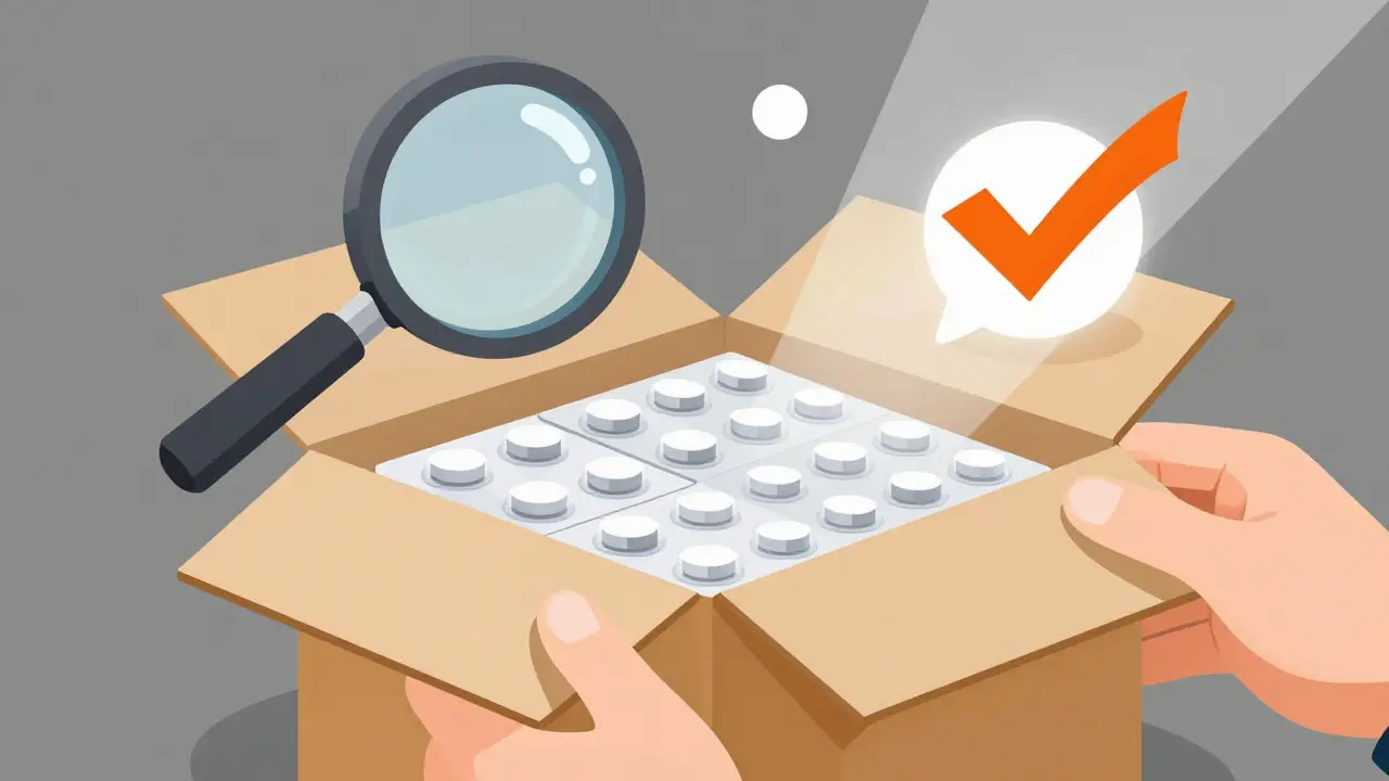 Hands opening a delivery box with medication blister packs under a magnifying glass.