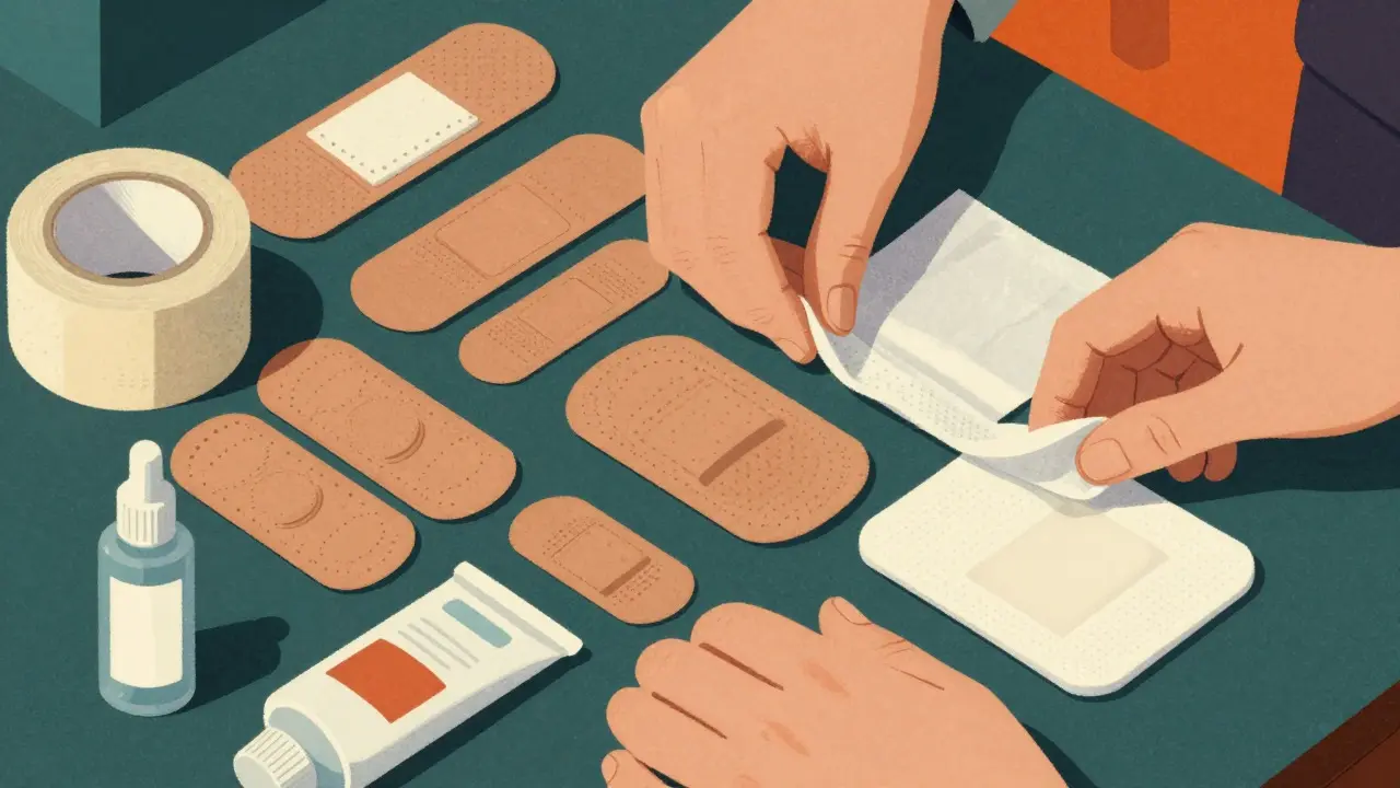 Hands organizing bandages and gauze in a geometric, constructivist illustration