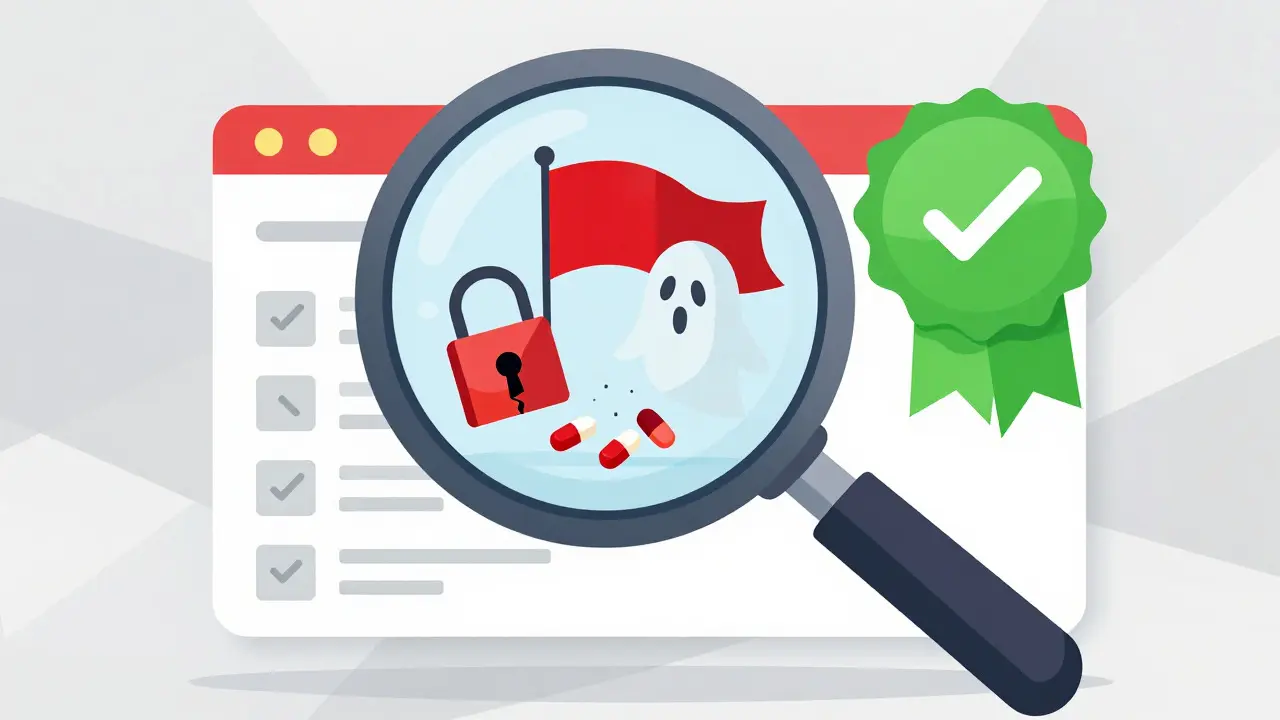 Magnifying glass revealing red flags like broken locks on an online pharmacy website
