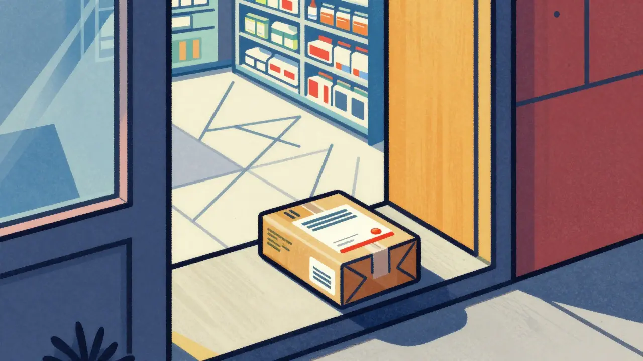 Medication delivery package at doorstep, geometric cartoon art