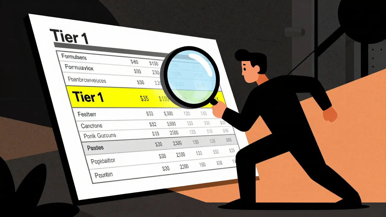 Person examining drug tier prices with a magnifying glass in a geometric style.