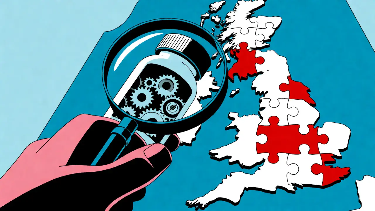 Pharmacist examining prescription mechanics over UK map with constructivist design elements