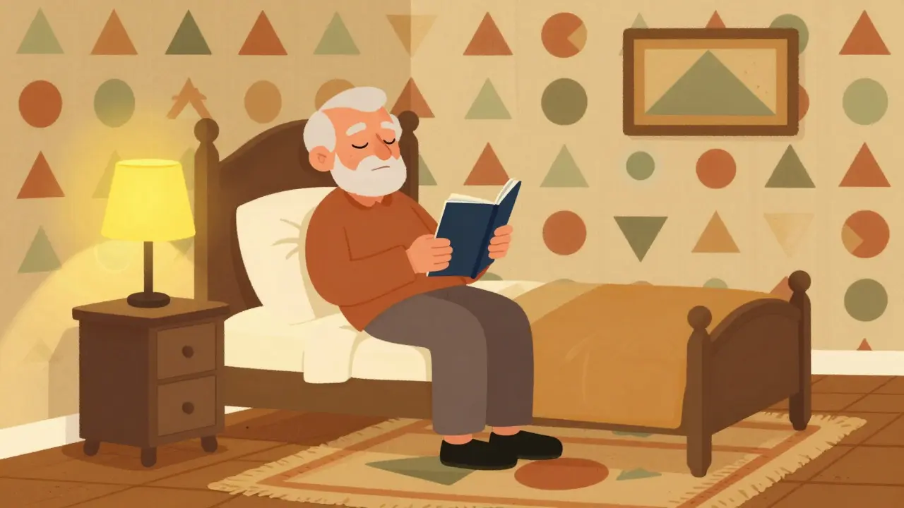 Senior relaxing in a cozy, geometrically patterned bedroom