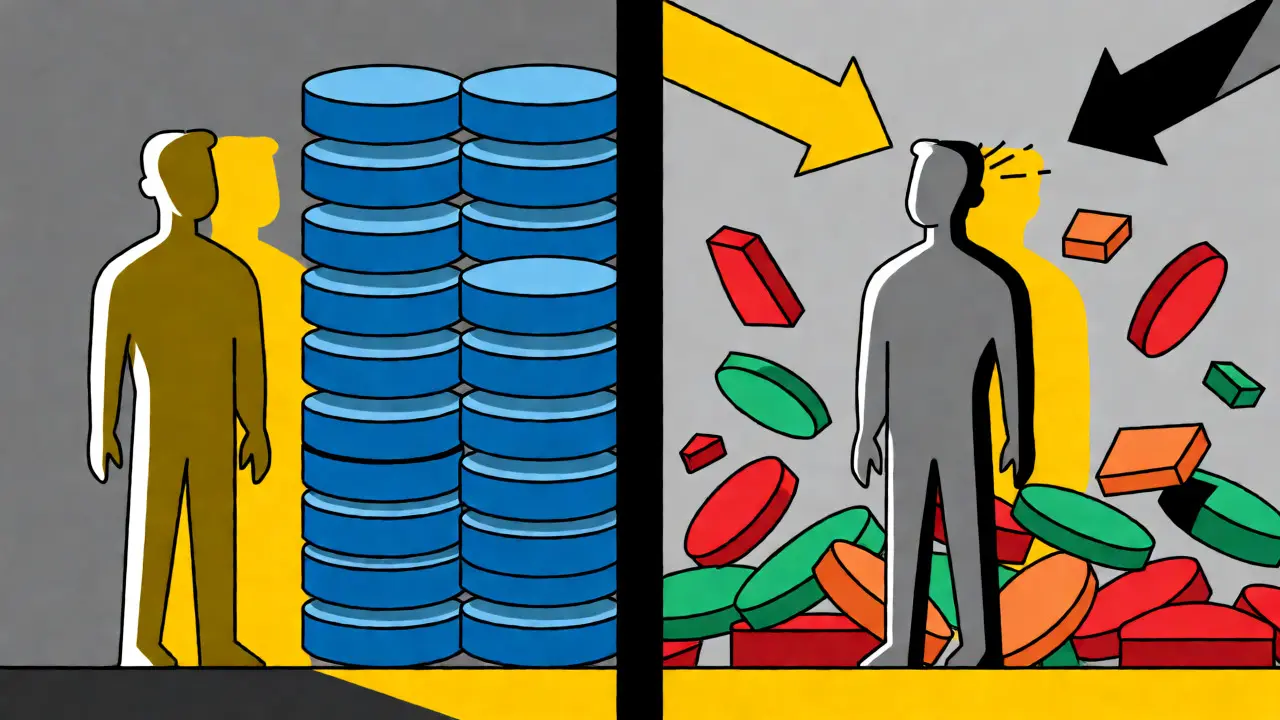 Split scene showing stable medication versus chaotic manufacturer switch effects in cartoon style