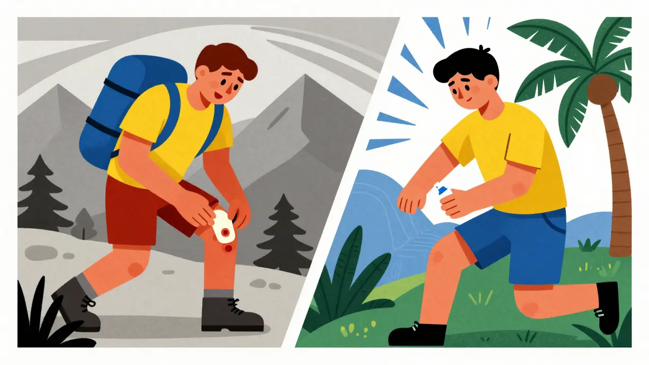 Split view of hiker and tropical traveler managing minor injuries, cartoon style