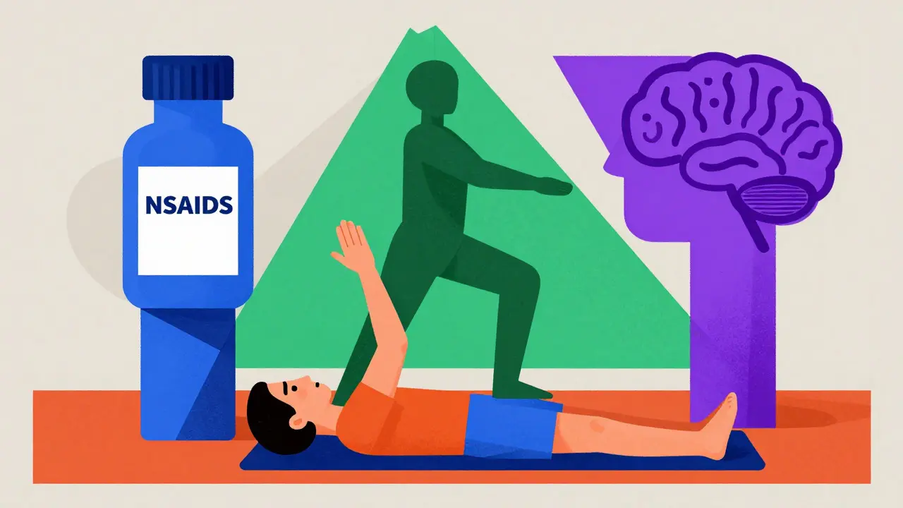 Stylized illustration of a patient supported by geometric pillars representing diverse pain treatments.