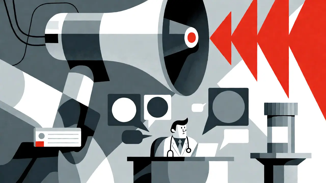 Abstract illustration of advertising noise overwhelming a doctor's decision-making process regarding prescriptions.